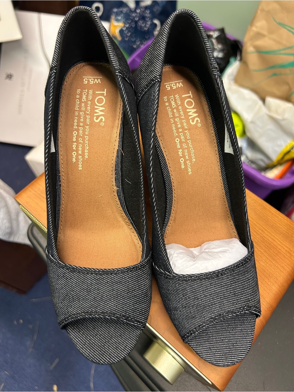 TOMS Women's Black Denim Peep-Toe Heels